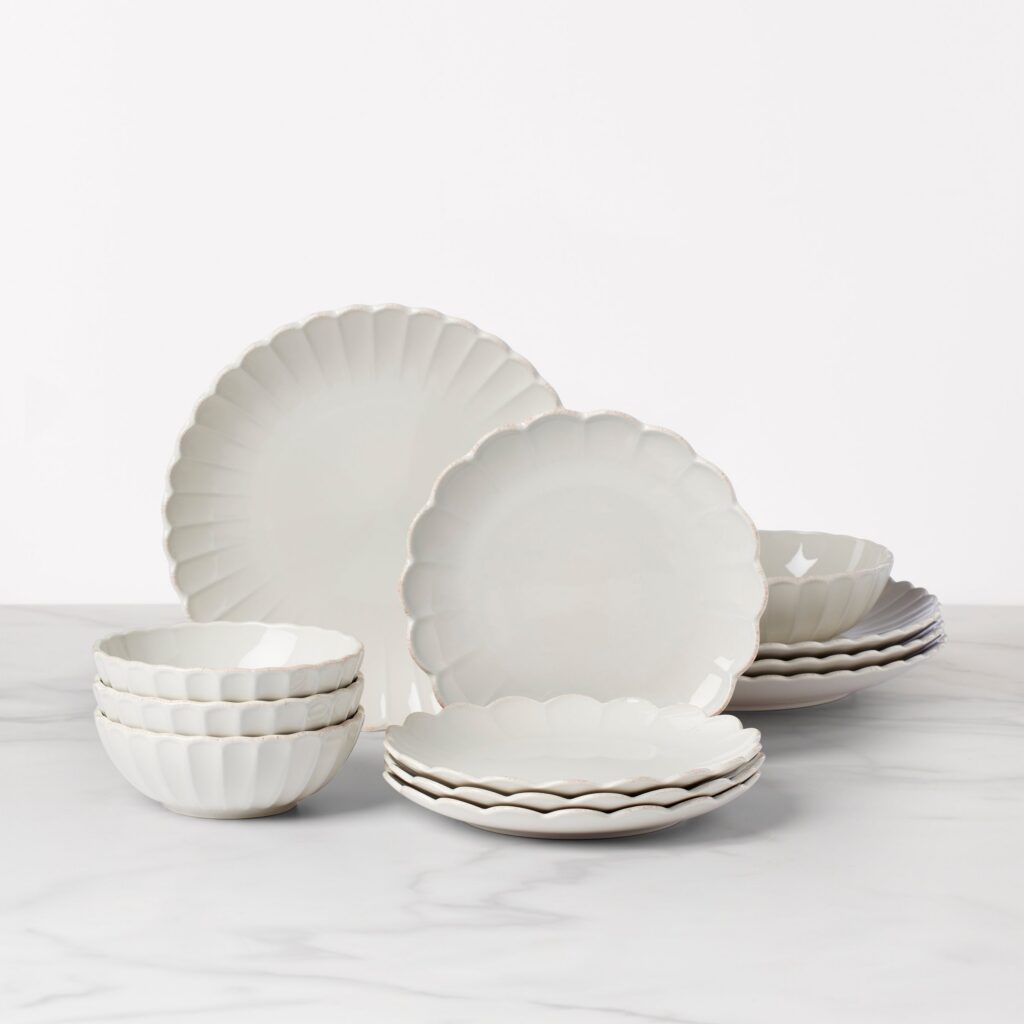 White Scalloped Stoneware Dinnerware Set, 12-Piece