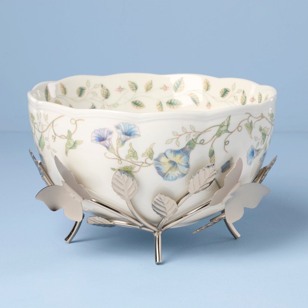 Decorative Floral Bowl with Metal Stand
