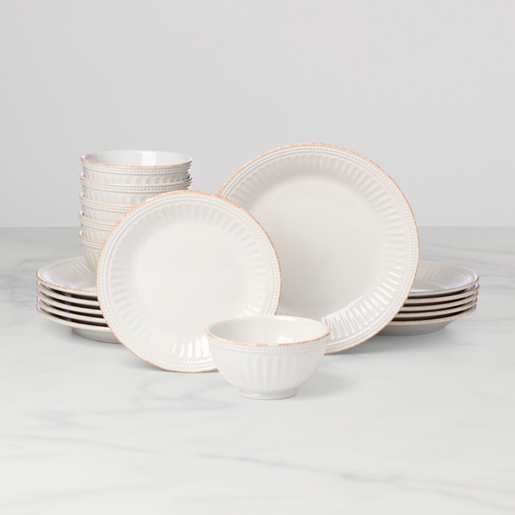 White Beaded Groove Stoneware Dinnerware Set, 18-Piece
